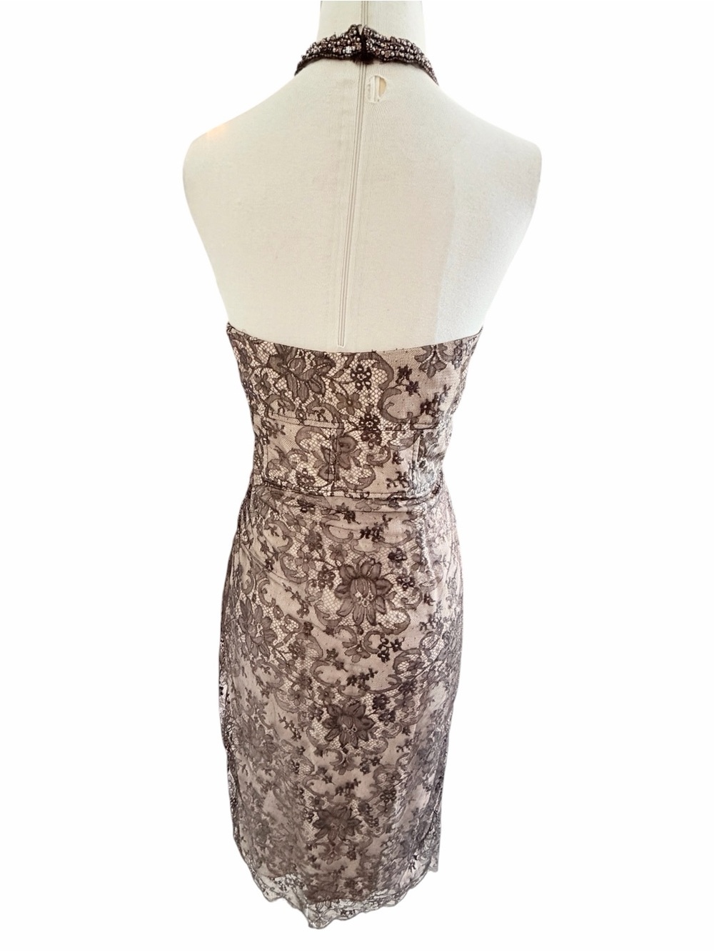 Lela Rose Blush and Brown Beaded Halter Lace Midi Dress Sz 6 - Picture 10 of 12